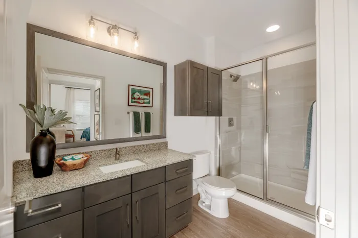 Modern bathroom with sleek dark cabinetry, granite countertops, and a spacious glass-enclosed shower, beautifully lit with stylish fixtures.