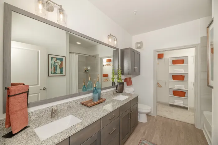 Elegant bathroom featuring a dual-sink vanity with granite countertop, artistic decor, and spacious linen shelving, perfect for modern living.