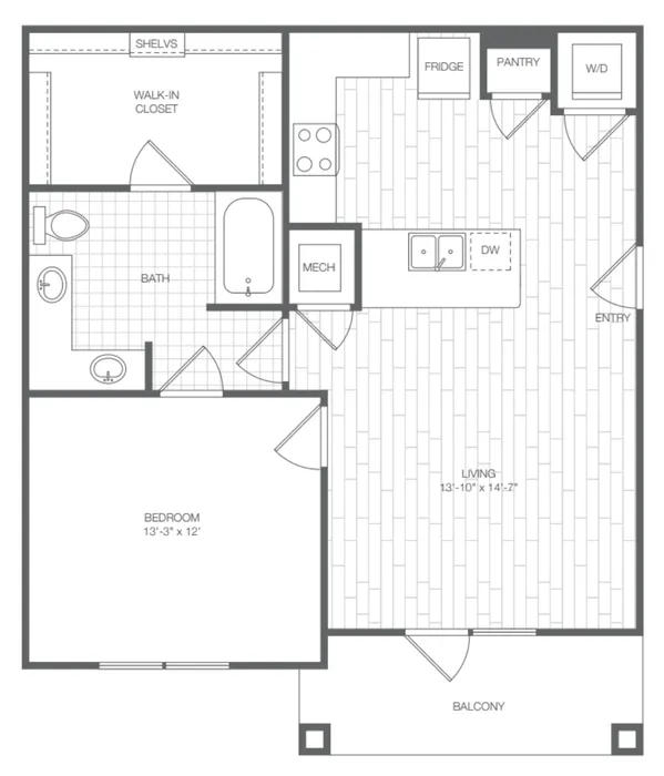 Modern 1-bedroom apartment floor plan features a spacious walk-in closet, sleek kitchen with island, and a private balcony.