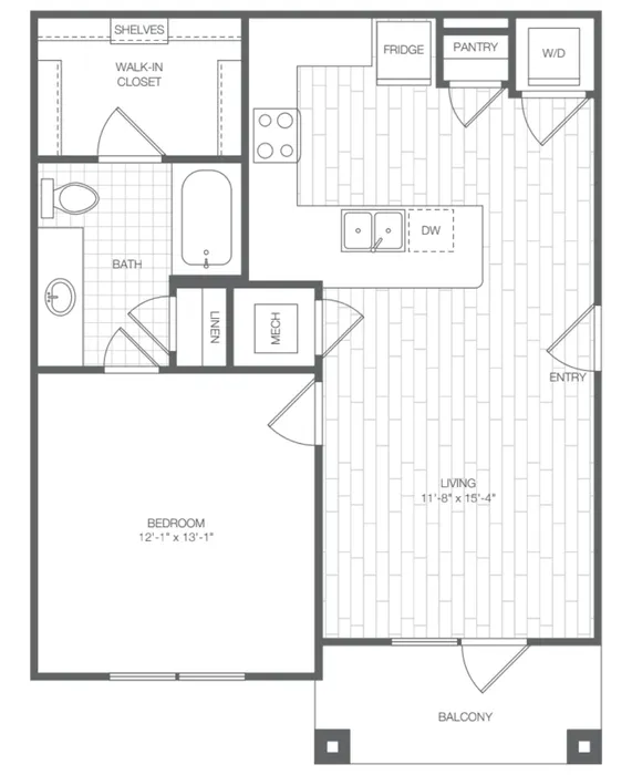 Modern floor plan featuring a spacious 1-bedroom, open living area, and sleek kitchen, complete with a balcony and bath.