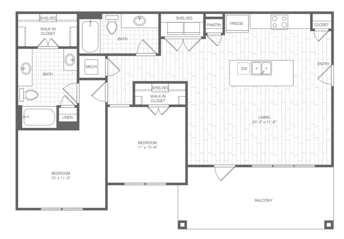 Elegant floor plan showcasing two bedrooms with walk-in closets, spacious living area, modern kitchen with island, two contemporary bathrooms, and large balcony.