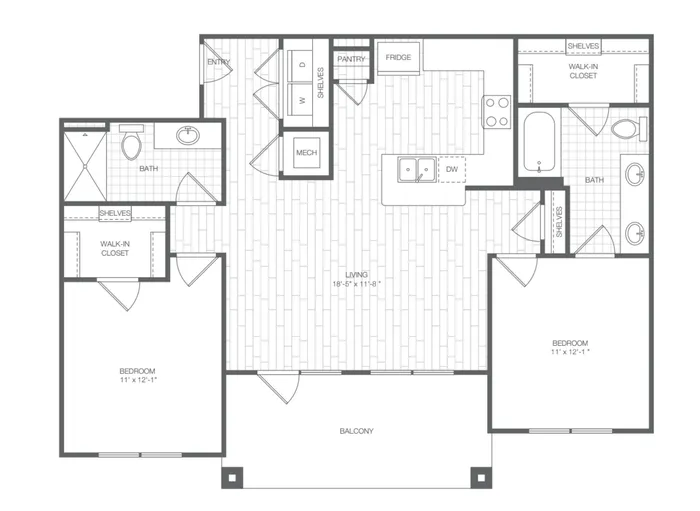 Modern apartment floor plan featuring 2 spacious bedrooms, open-concept living area, and a large balcony.