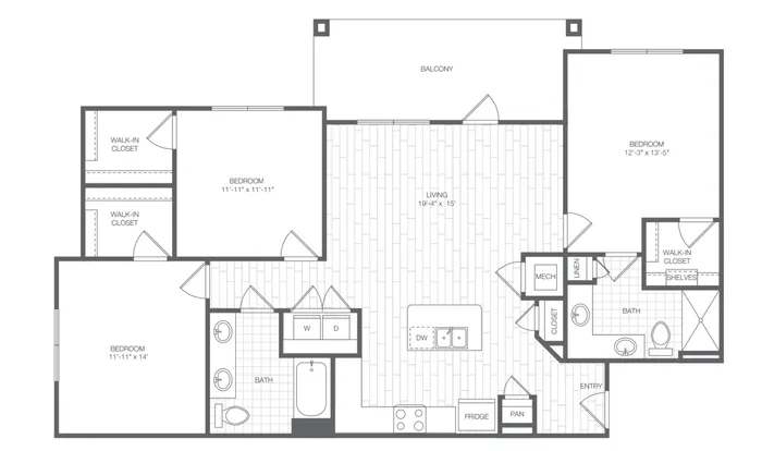 Modern floor plan with 3 spacious bedrooms, open living area, kitchen island, and expansive balcony.