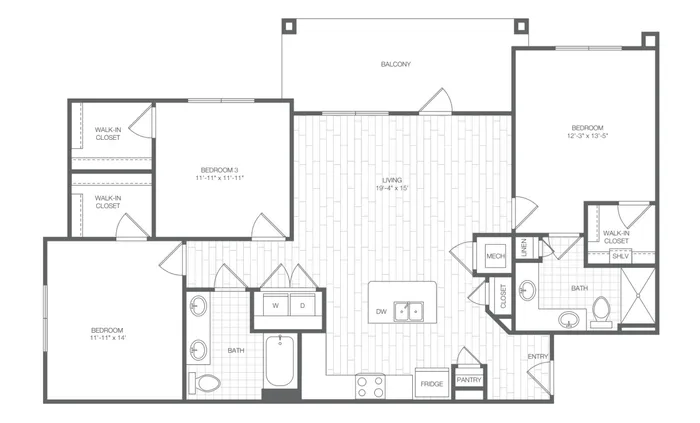 Modern 3-bedroom floor plan showcasing spacious living area, two baths, walk-in closets, and a private balcony.