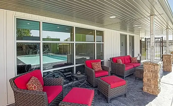 Poolside Seating Area at The Edge Luxury Apartments