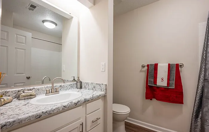 Updated bathroom with stylish tile at Scandia Apartments