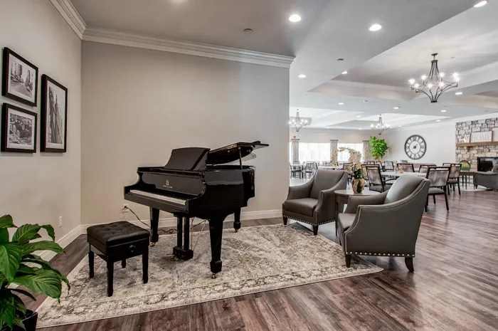 Piano and seating area