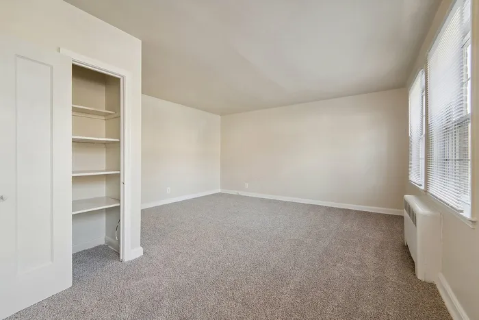 Bright, empty room with plush carpet, large windows, and built-in shelving.