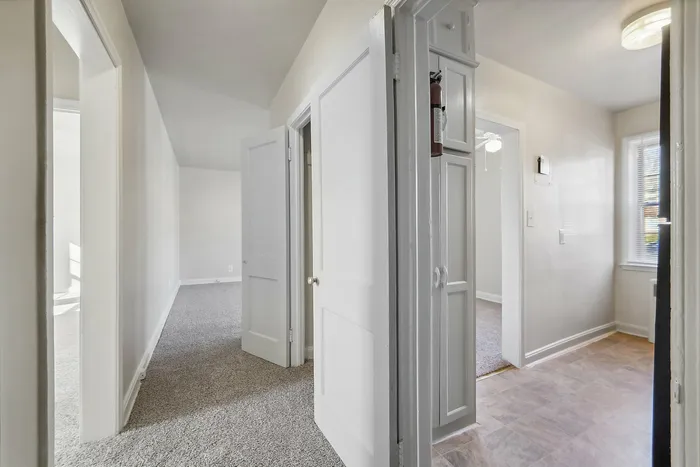 Bright and airy apartment hallway with plush carpeting and white doors leading to various rooms.