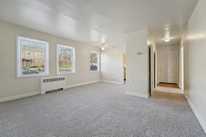 Airy living room with large windows, carpeted floor, and soft, natural lighting.