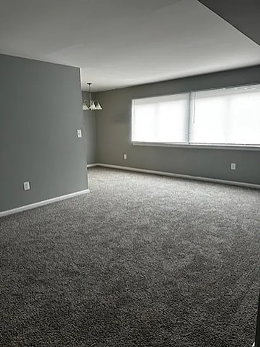 Bright and airy carpeted living room with large windows and modern light fixtures.