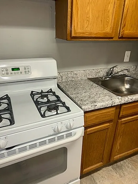 Inviting kitchen space featuring a sleek stove, elegant granite countertops, and warm wooden cabinetry.