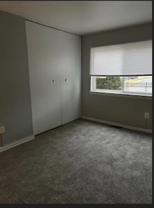 Bright bedroom with plush gray carpet, sleek closet doors, and a large window allowing for ample natural light.