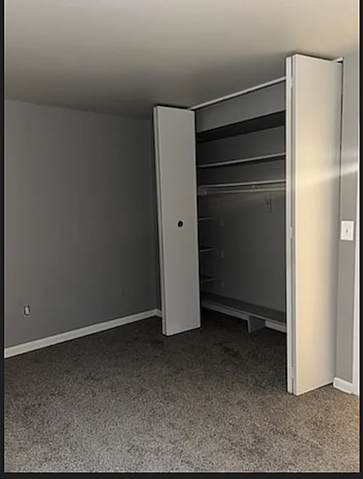 Bright bedroom showcasing a large, open closet with ample storage space.