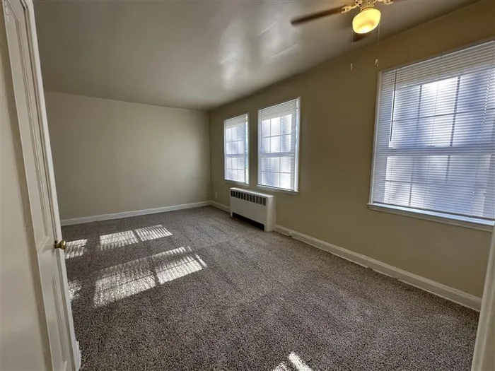Bright, spacious room with large windows, fresh carpet, and a ceiling fan.