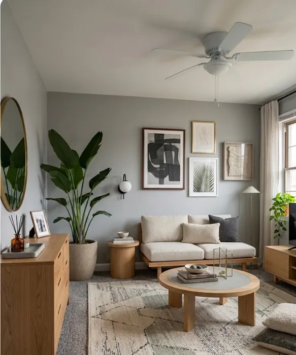 Chic living room with modern decor featuring a cozy sofa, elegant coffee table, and vibrant plants enhancing a serene and stylish atmosphere.