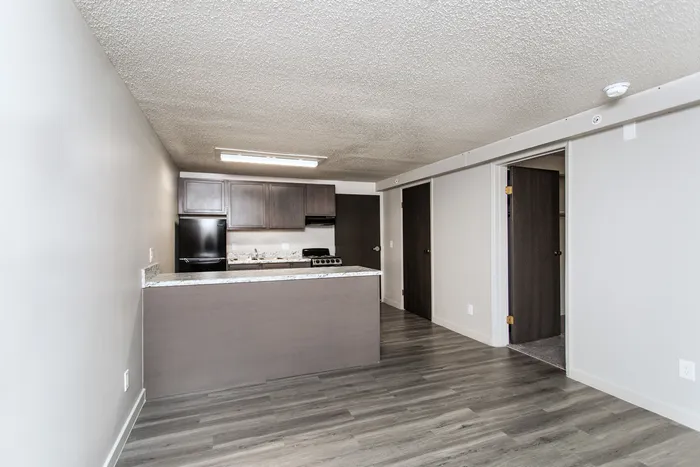 Modern kitchen with sleek granite countertops, elegant cabinetry, and bar seating, offering a perfect blend of style and functionality.