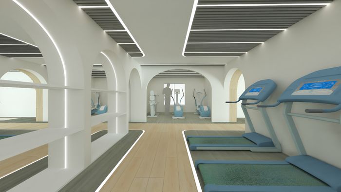 Modern gym interior with sleek design featuring arched ceilings, illuminated accents, and state-of-the-art cardio equipment.