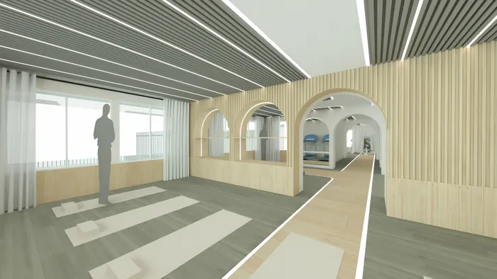 Modern interior featuring sleek wooden accents, large windows, and an open space with archways and fitness equipment.