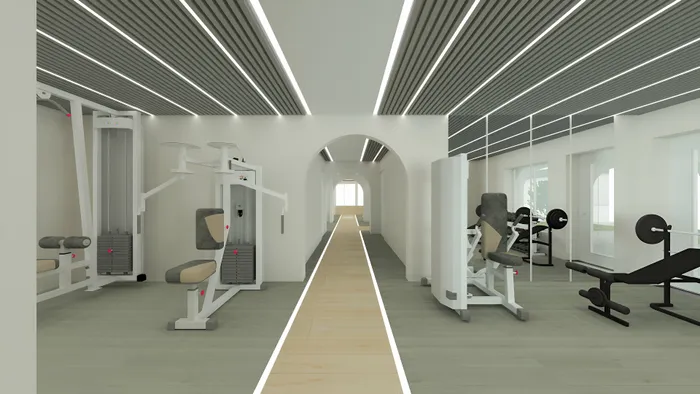 Modern gym with state-of-the-art fitness equipment, sleek design featuring natural light and elegant ceilings.