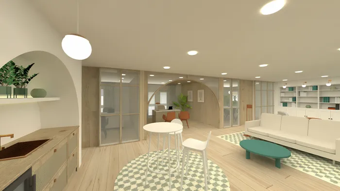 Modern open-concept living space featuring elegant decor, cozy seating area, stylish table set, and abundant natural light.