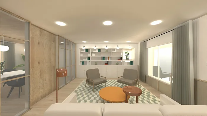 Elegant living room with modern decor, featuring a cozy seating area, stylish built-in bookshelves, and large windows for natural light.