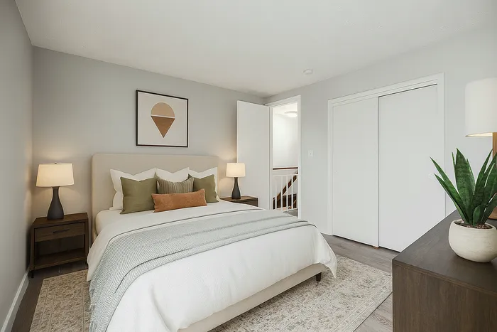 Inviting bedroom with modern decor, featuring a cozy bed, elegant lamps, and a stylish potted plant on a wooden dresser.