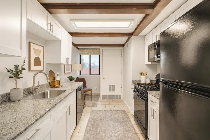 Charming kitchen with sleek granite countertops, modern appliances, and elegant wood beams creating a warm, inviting atmosphere.