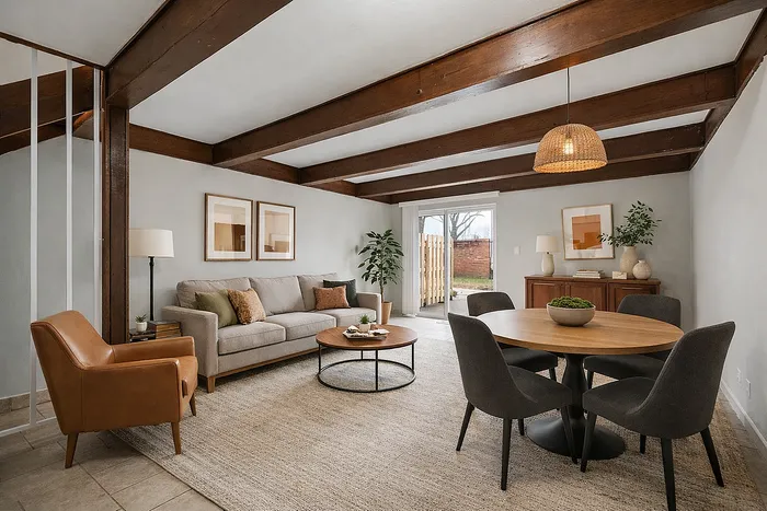 Chic living and dining area with stylish wooden beams, cozy sofa, elegant round dining table, and modern decor, offering a warm and inviting ambiance.