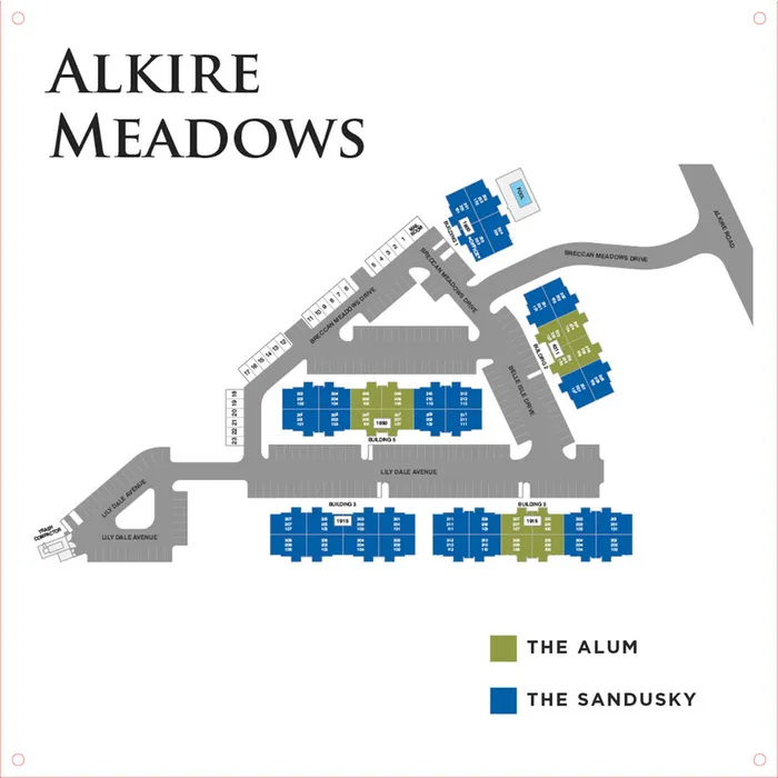 Alkire Meadows community layout map highlighting The Alum and The Sandusky residential sections with labeled streets and buildings.