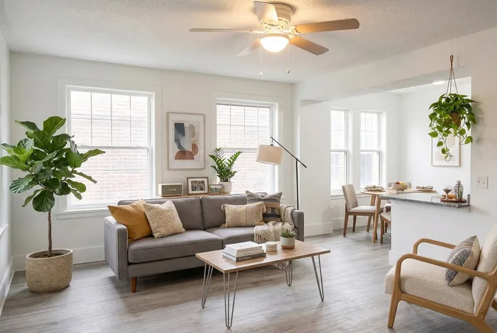 Bright and inviting living area with modern decor, featuring a cozy grey sofa, lush indoor plants, and abundant natural light from large windows.