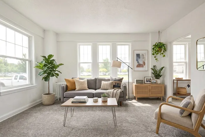 Bright and inviting living room with modern decor, neutral tones, and large windows offering natural light.