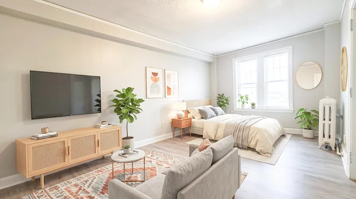 Bright and inviting bedroom with modern decor, featuring a cozy bed, stylish furniture, and abundant natural light through large windows.