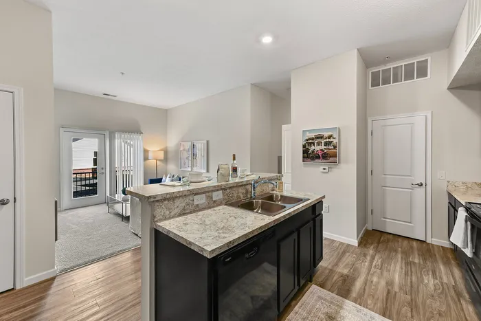 Modern open-concept kitchen with elegant granite countertops, adjacent to a cozy living area with natural light and balcony access.