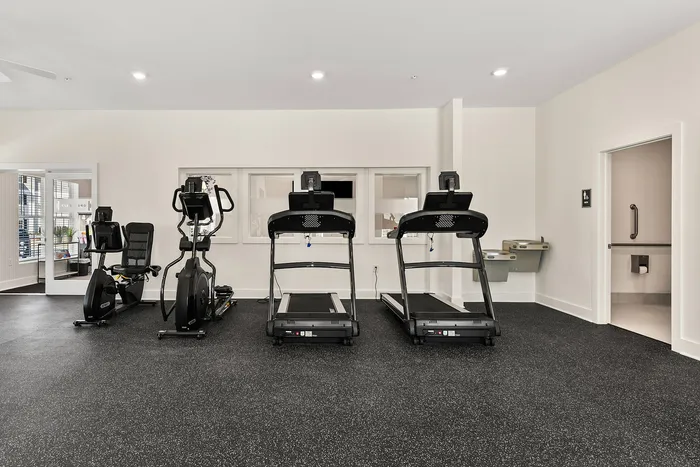 Modern fitness center with state-of-the-art treadmills and exercise bike in a bright, well-lit environment.