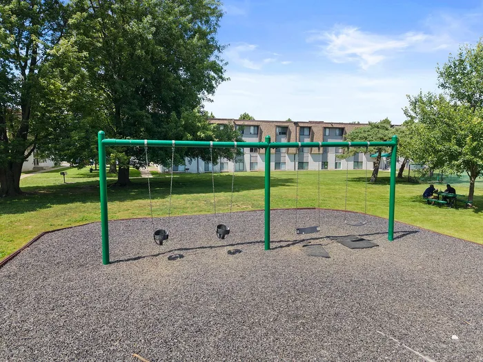 Inviting community playground with green swings, lush trees, and picnic area perfect for family fun in a serene apartment setting.