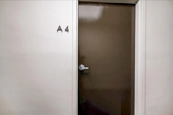 Modern apartment entryway featuring a sleek brown door with minimalist design labeled 'A4'.