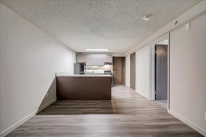 Contemporary open-concept kitchen with sleek cabinetry and modern appliances, leading to a spacious living area with elegant wood flooring.