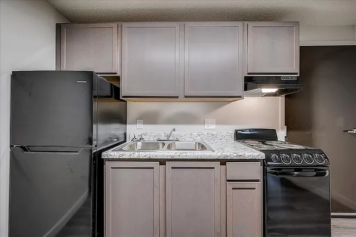 Modern kitchen with sleek black appliances, elegant cabinetry, and a stylish granite countertop.