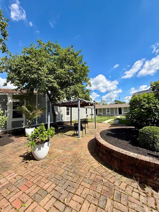 Charming courtyard with brick pathway, lush greenery, and stylish seating under a sunny blue sky.