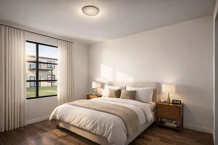 Inviting bedroom with elegant decor, sunlit window view, and contemporary furniture, offering a serene escape.