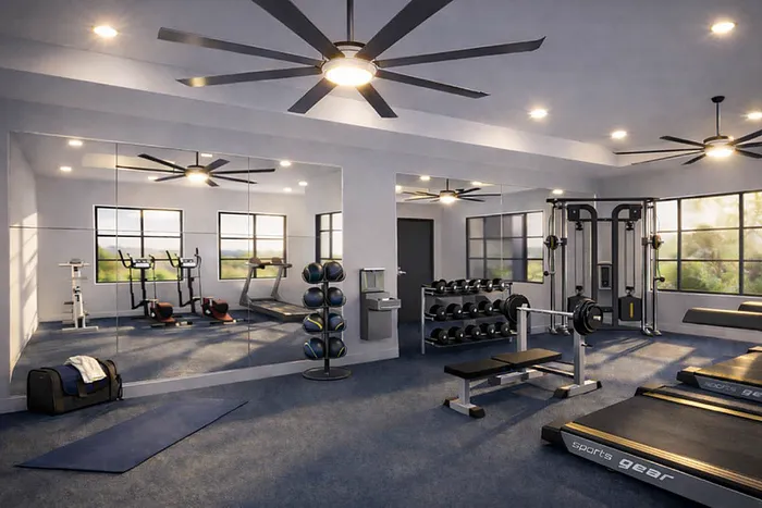 Modern fitness center with state-of-the-art gym equipment, large mirrors, and ample natural light, ideal for energizing workouts.