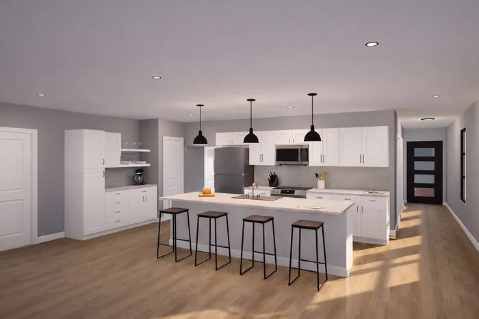 Modern kitchen design featuring sleek white cabinetry, a central island with bar stools, and stylish pendant lighting.