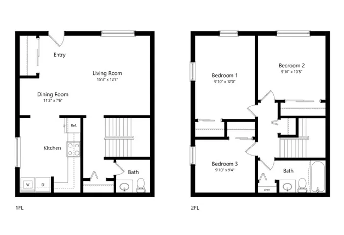 Floor Plans 3 bedroom 1.5 bathrooms townhouse apartment