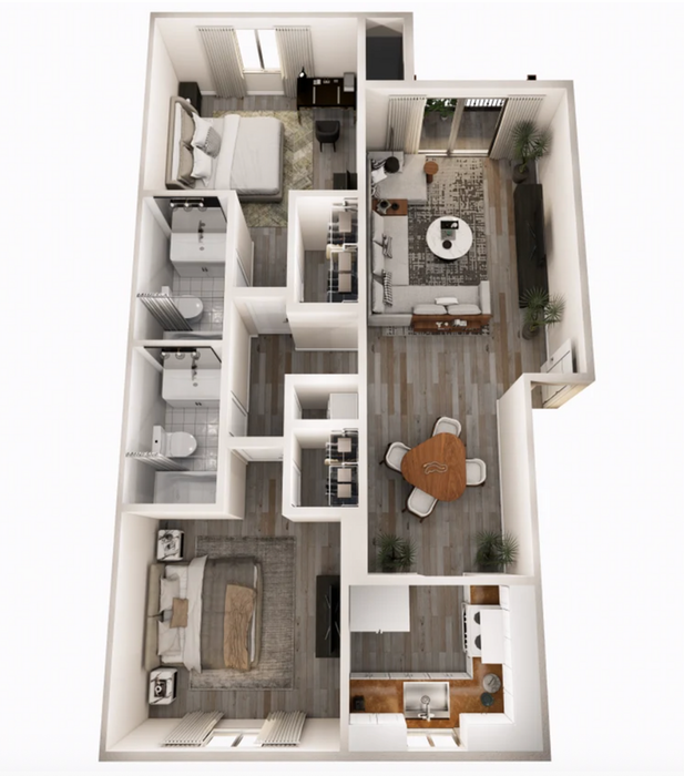 Modern apartment layout featuring two cozy bedrooms, stylish open-plan living and dining area, contemporary kitchen, and two sleek bathrooms.