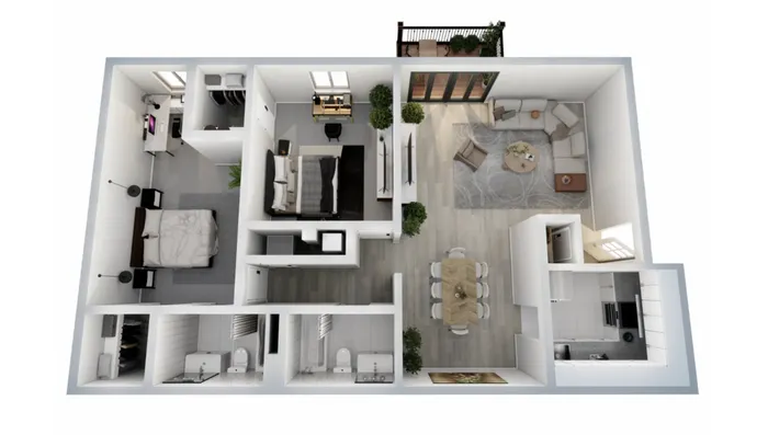 Modern 3D floor plan showcasing two bedrooms, a cozy living area with balcony access, elegant dining space, and a sleek kitchen.