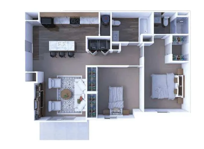 The Sandusky floor plan with 2 bedrooms, 2 bathrooms, open-concept living area, and modern kitchen, totaling 957 sq ft.