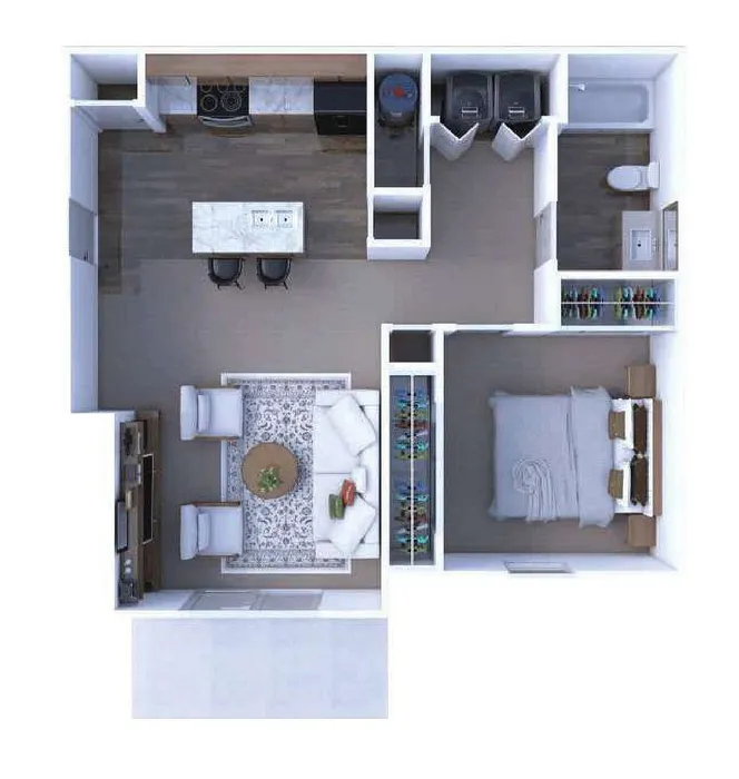 The Alum floor plan with 1 bedroom, 1 bath, and an open kitchen-living area, 681 sq ft of modern living space.