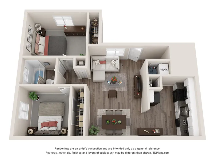 Charming 3D floor plan showcasing two cozy bedrooms, a modern kitchen, and a spacious living area, perfect for comfortable living.