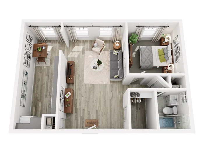 Modern 3D floor plan showcasing a cozy one-bedroom apartment with a stylish open-concept living area, dining space, and a sleek bathroom.